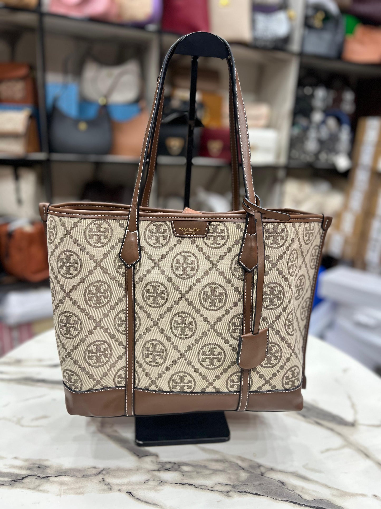 TORY BURCH PERRY T MONOGRAM – Women Tote Bag (Beige Brown)