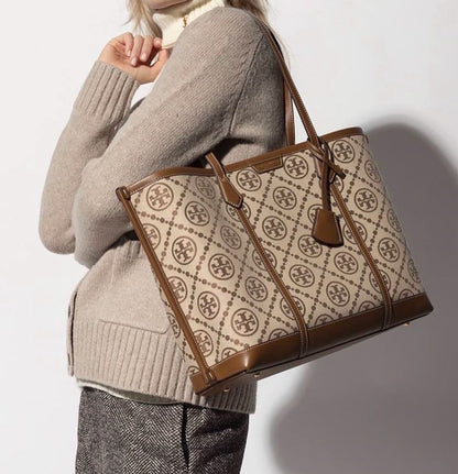 TORY BURCH PERRY T MONOGRAM – Women Tote Bag (Beige Brown)