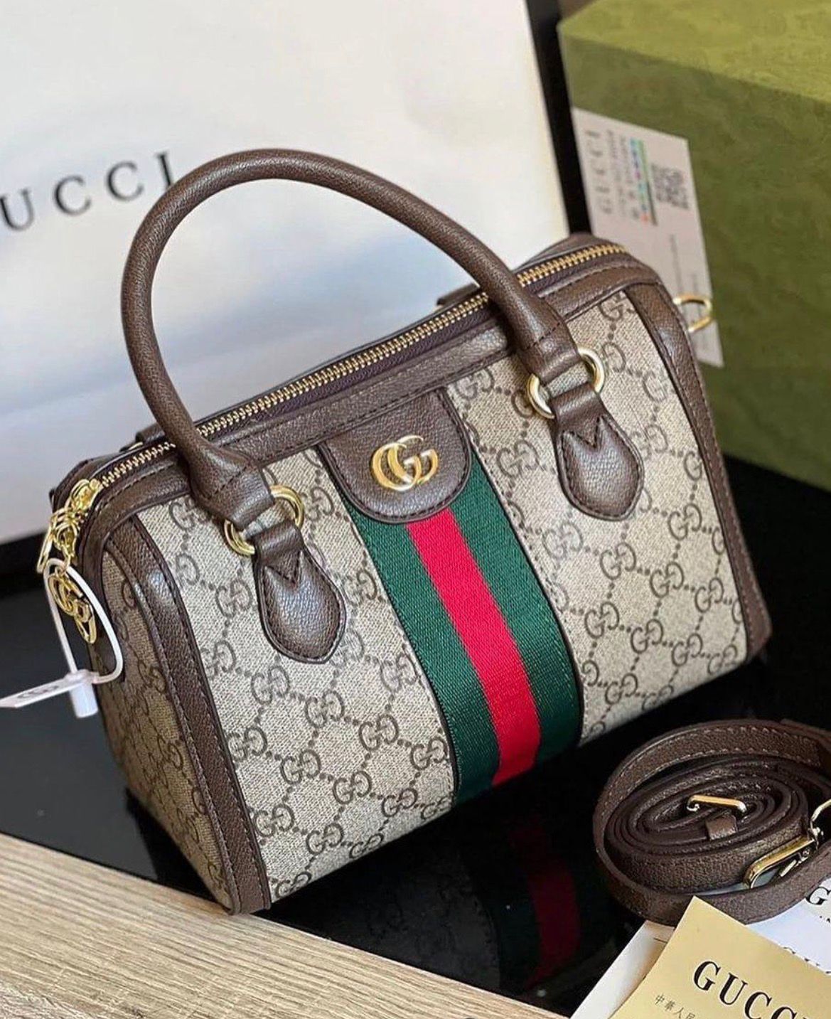 GUCCI OPHIDIA – Women Boston Bag (Beige Brown)