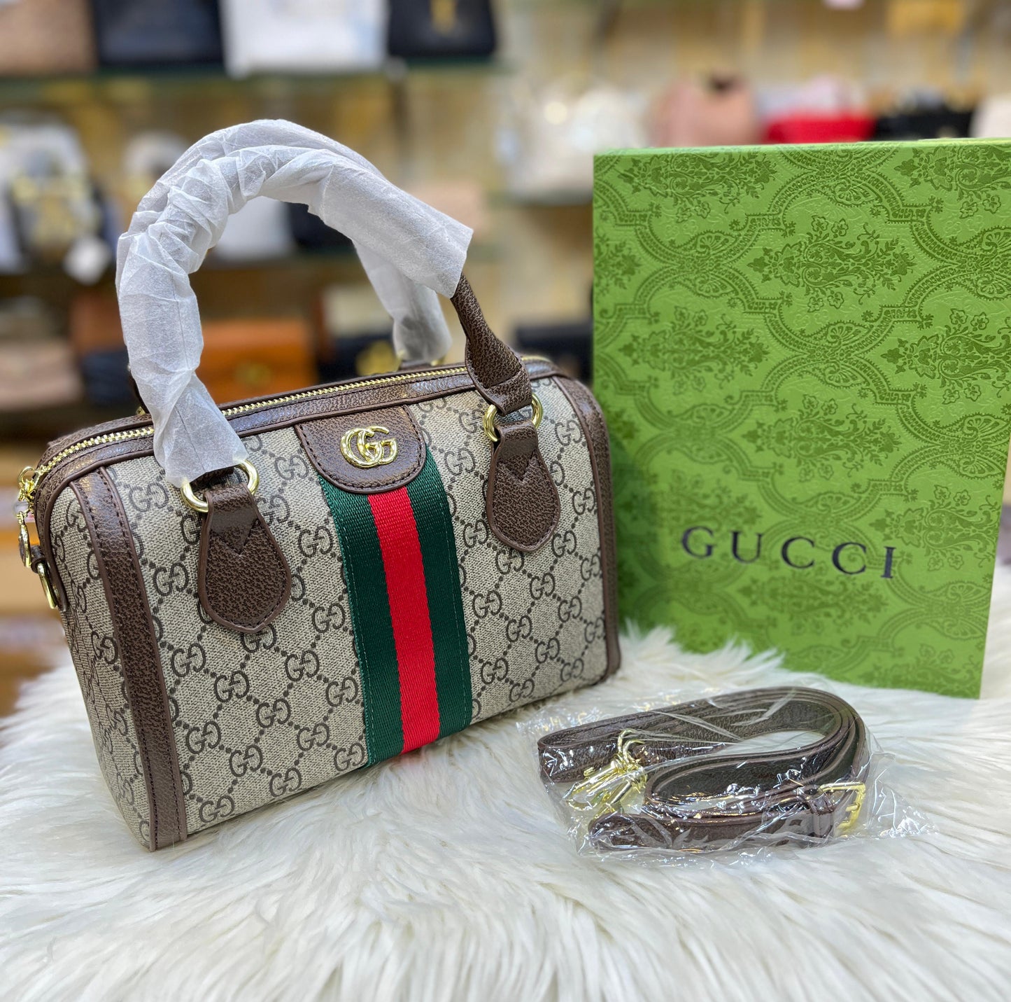 GUCCI OPHIDIA – Women Boston Bag (Beige Brown)
