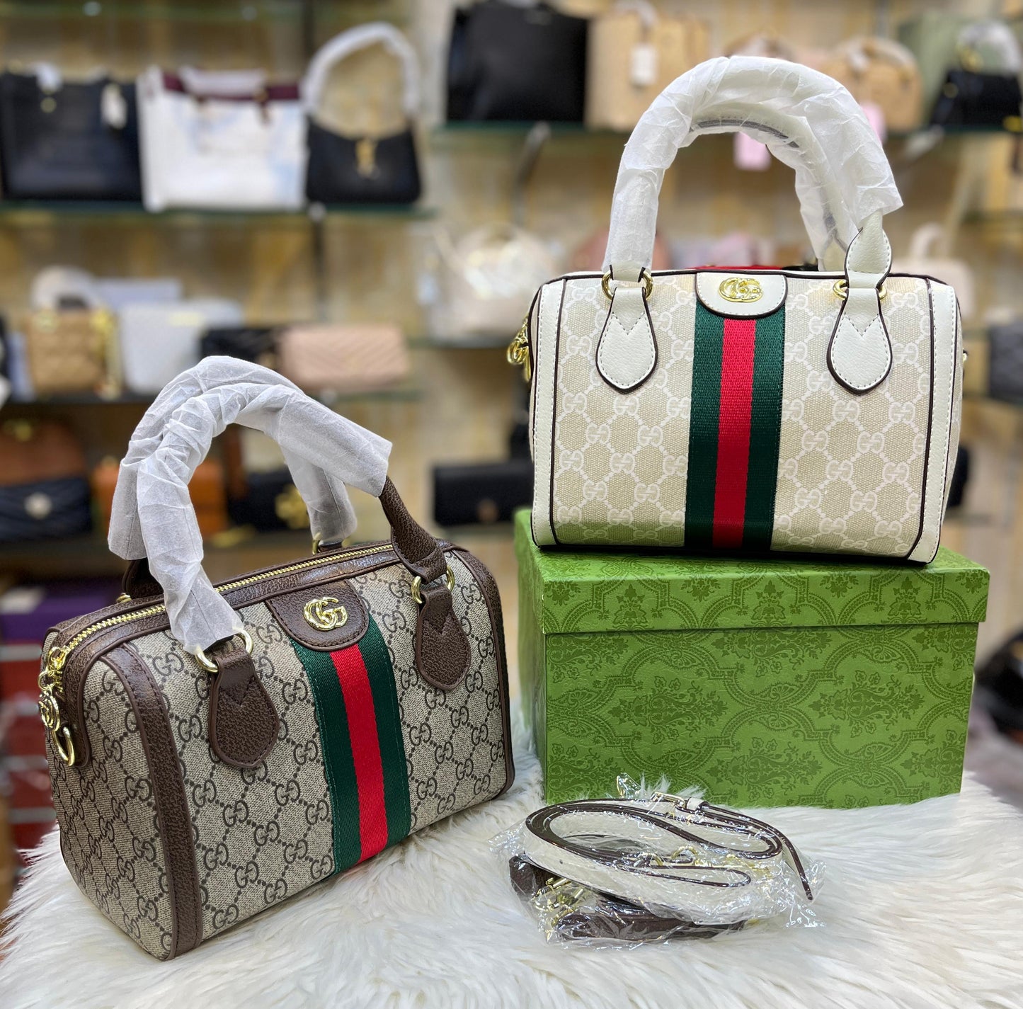 GUCCI OPHIDIA – Women Boston Bag (Beige Brown)