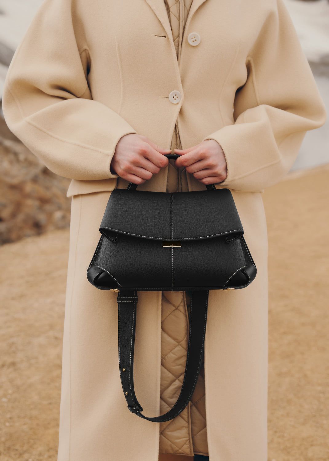 POLÈNE MOKKI – Women Handbag with Long Belt (Black)