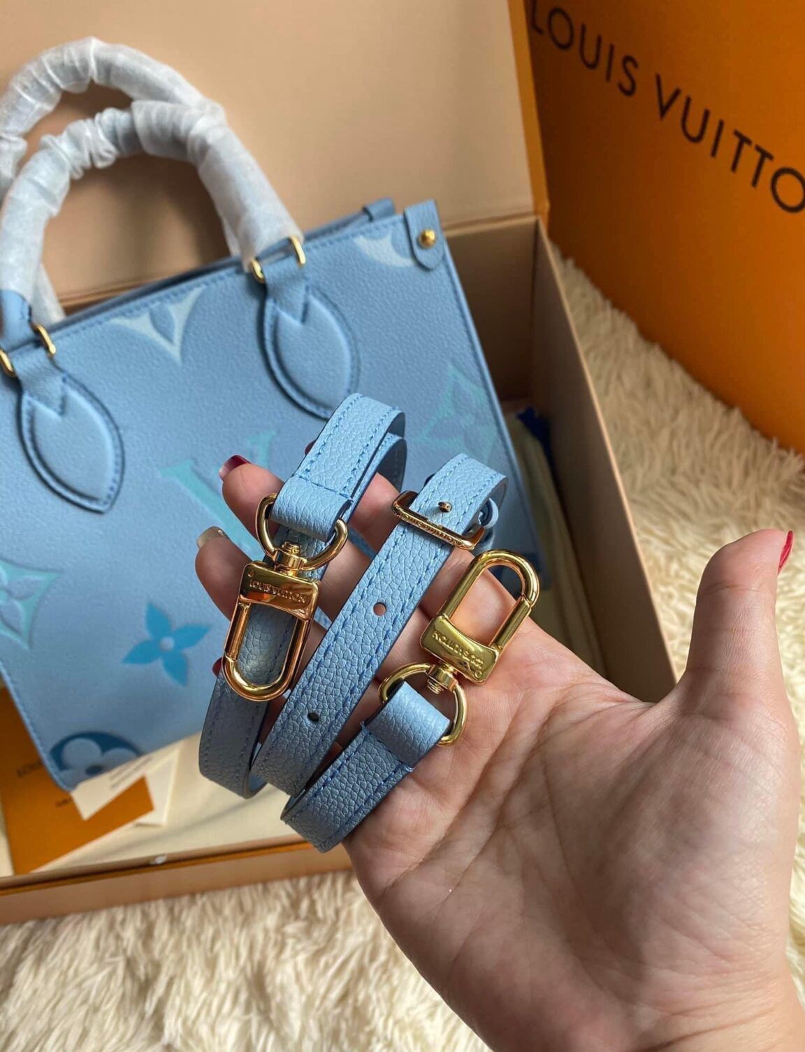 LOUIS VUITTON ONTHEGO PM BLUE – Women Tote Bag (Sky Blue)