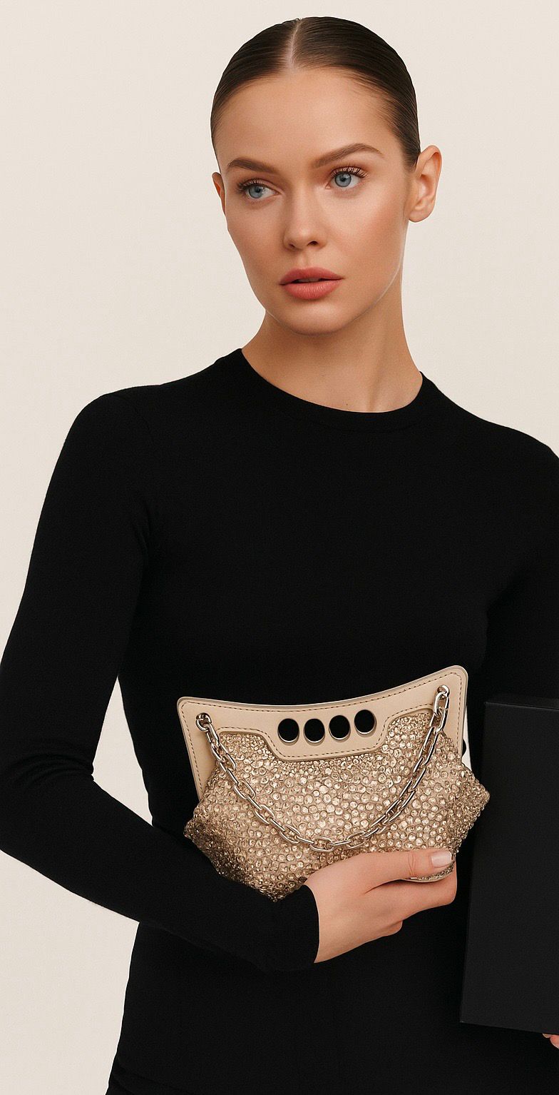 ALEXANDER MCQUEEN MICRO PEAK – Women Bag | Crystal Embellished Metallic Leather (Golden)