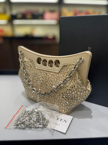 ALEXANDER MCQUEEN MICRO PEAK – Women Bag | Crystal Embellished Metallic Leather (Golden)