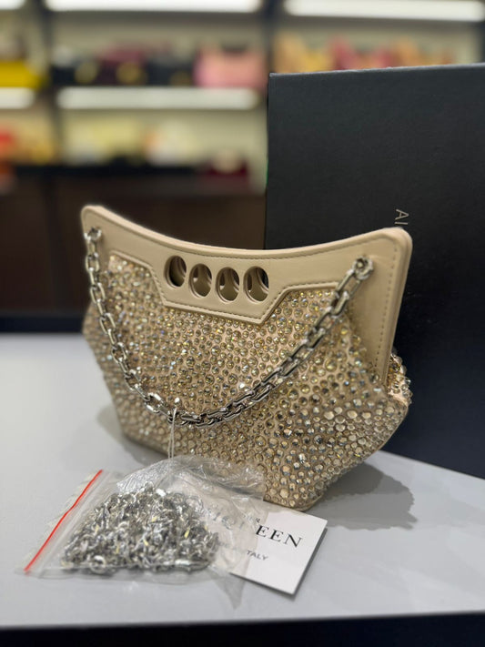 ALEXANDER MCQUEEN MICRO PEAK – Women Bag | Crystal Embellished Metallic Leather (Golden)
