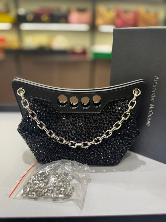 ALEXANDER MCQUEEN MICRO PEAK – Women Bag | Crystal Embellished Metallic Leather (Black)
