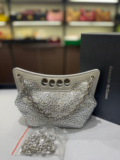 ALEXANDER MCQUEEN MICRO PEAK – Women Bag | Crystal Embellished Metallic Leather (Silver White)