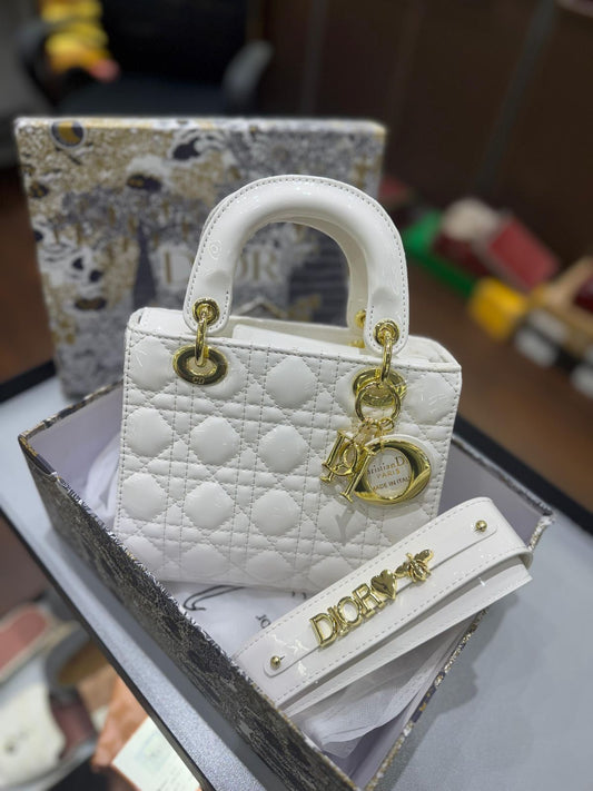 CHRISTIAN DIOR Women Bag – Lady Dior Cannage Patent Leather | Premium Quality (White)