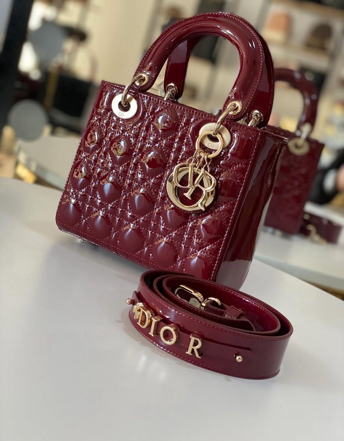 CHRISTIAN DIOR Women Bag – Lady Dior Cannage Patent Leather | Premium Quality (Maroon)