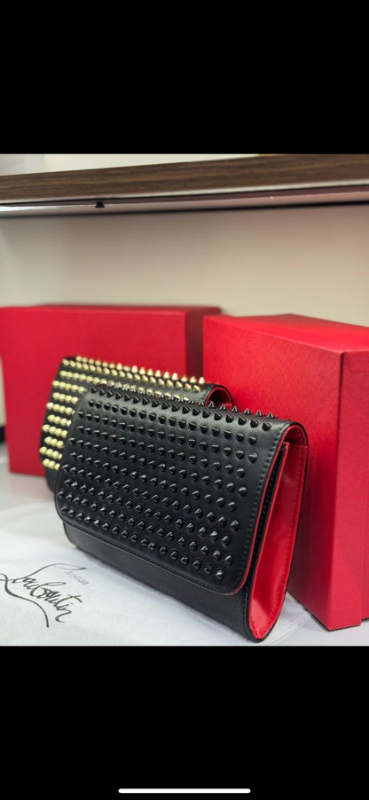 CHRISTIAN LOUBOUTIN Paloma Women Bag – Spiked Leather Clutch with Signature Red Interior | Premium Quality (Black & Gold)