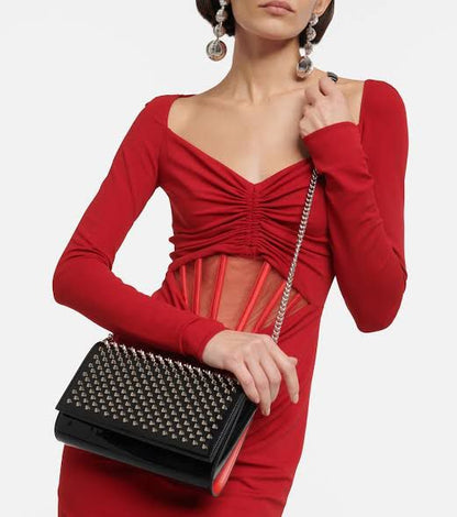 CHRISTIAN LOUBOUTIN Paloma Women Bag – Spiked Leather Clutch with Signature Red Interior | Premium Quality (Black & Gold)