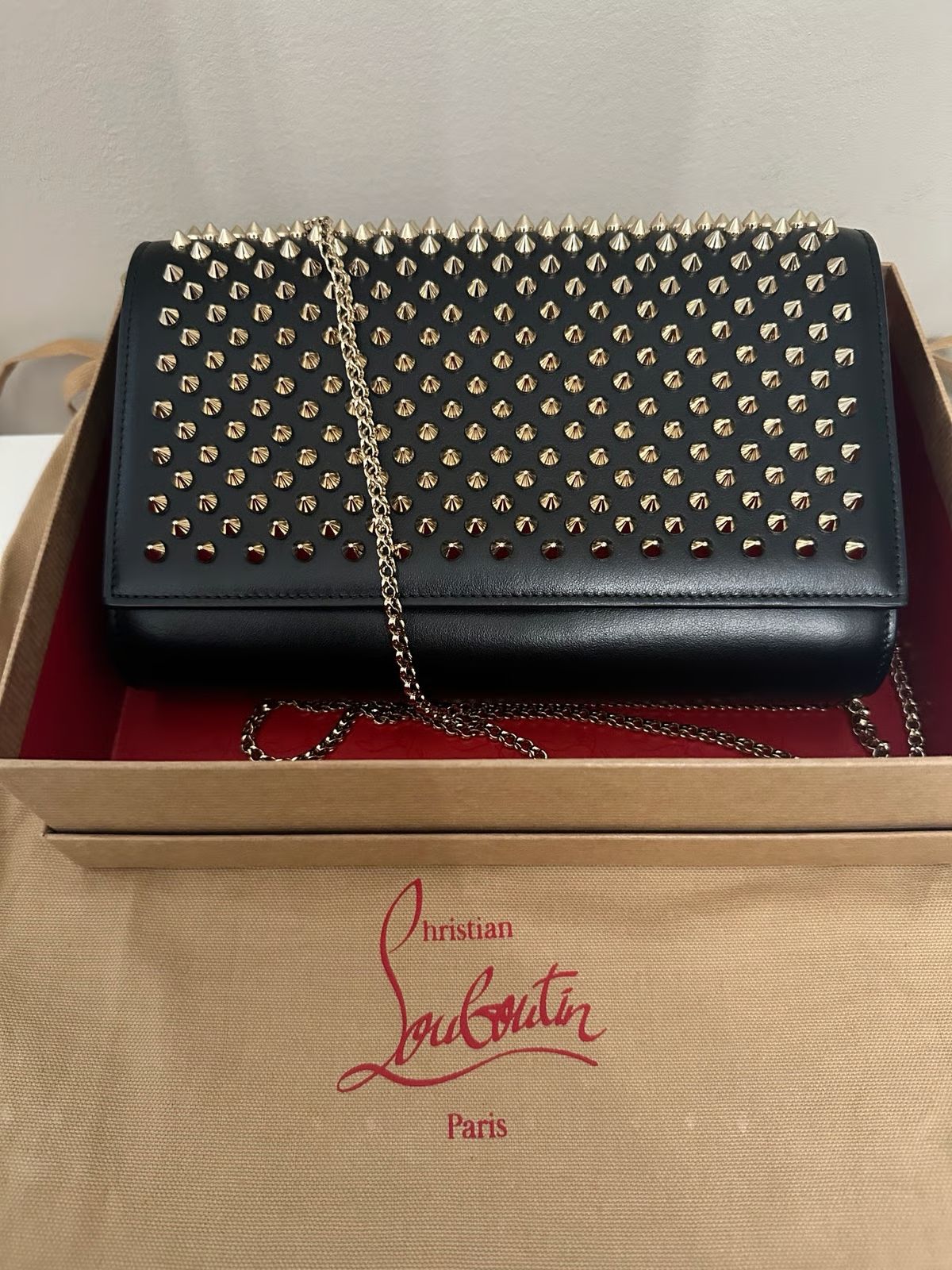 CHRISTIAN LOUBOUTIN Paloma Women Bag – Spiked Leather Clutch with Signature Red Interior | Premium Quality (Black & Gold)