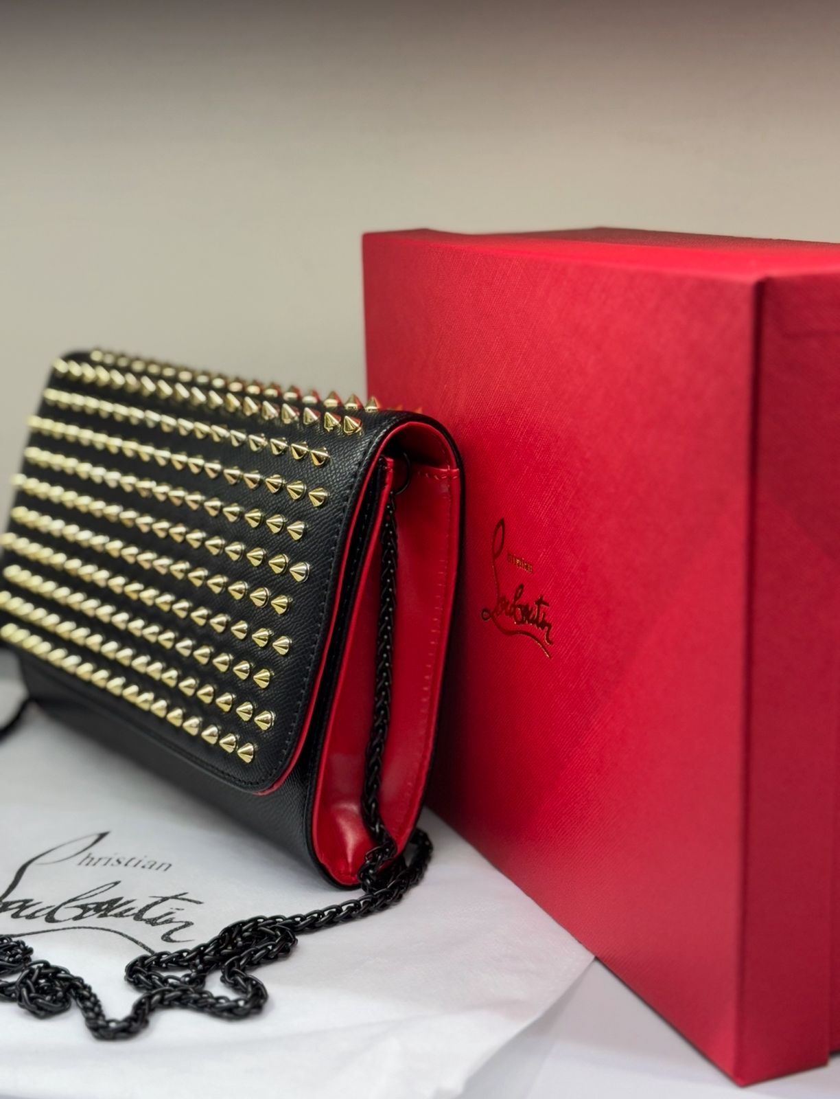 CHRISTIAN LOUBOUTIN Paloma Women Bag – Spiked Leather Clutch with Signature Red Interior | Premium Quality (Black & Gold)