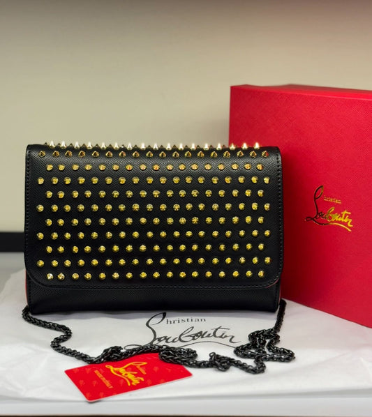 CHRISTIAN LOUBOUTIN Paloma Women Bag – Spiked Leather Clutch with Signature Red Interior | Premium Quality (Black & Gold)