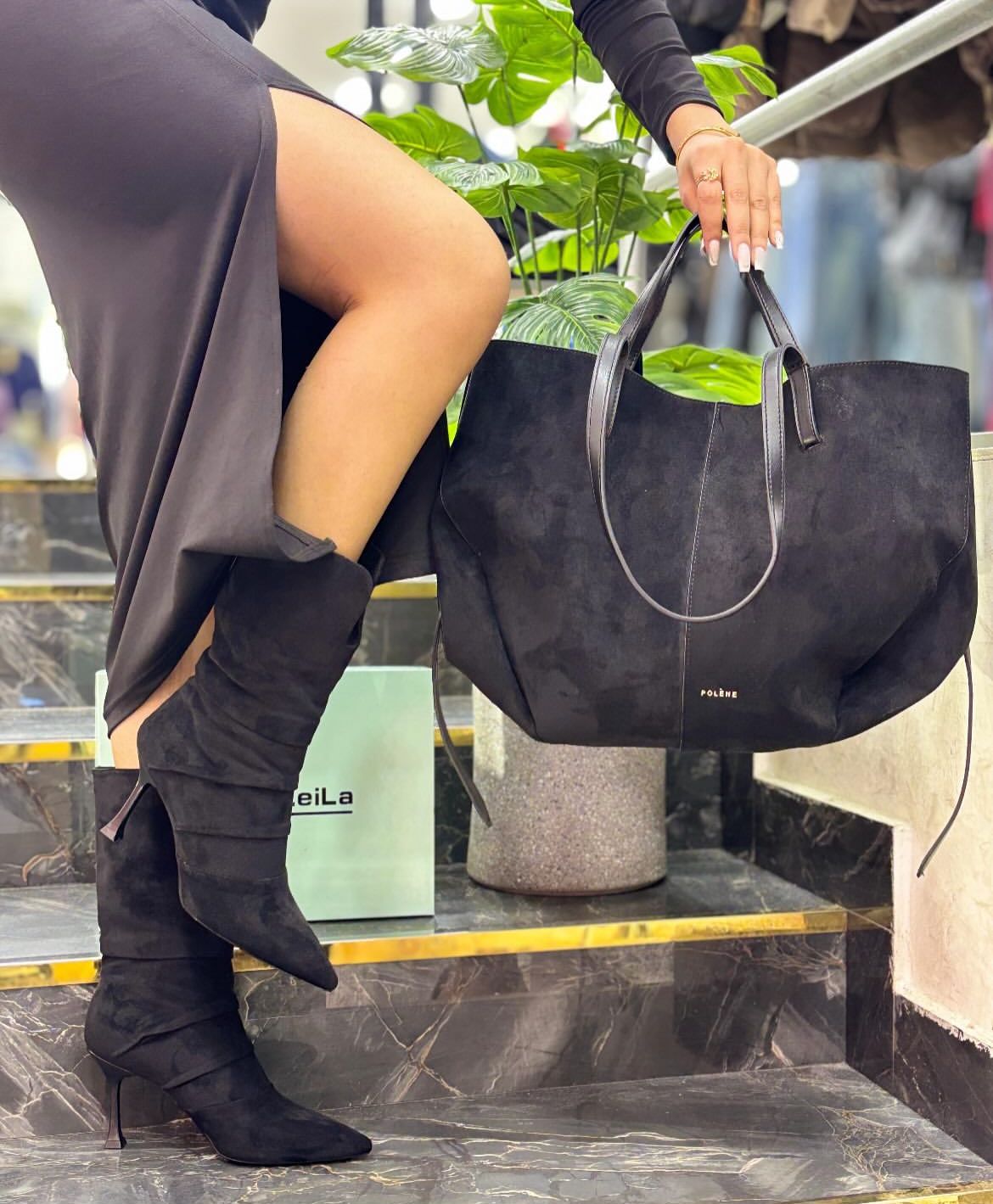 POLÈNE Cyme Suede Leather Handbag – Premium Women Bag (Black)