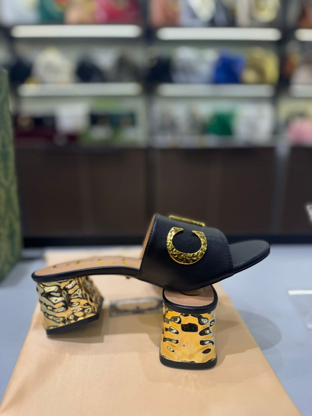 GUCCI Heeled Sandals with Gold-Tone Logo – Premium Quality (Black Golden)