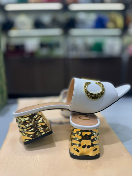 GUCCI Heeled Sandals with Gold-Tone Logo – Premium Quality (White Golden)