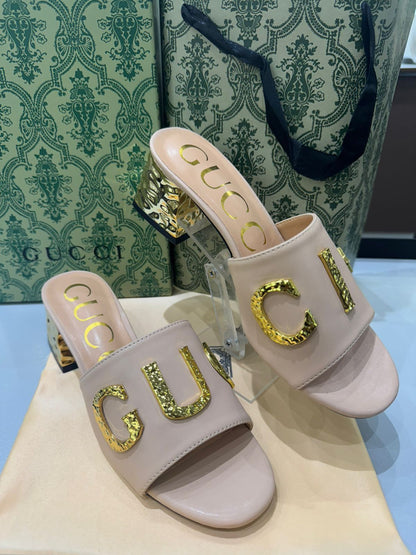 GUCCI Heeled Sandals with Gold-Tone Logo – Premium Quality (Beige Golden)