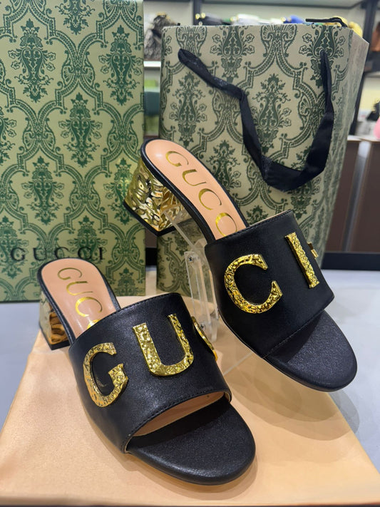 GUCCI Heeled Sandals with Gold-Tone Logo – Premium Quality (Black Golden)