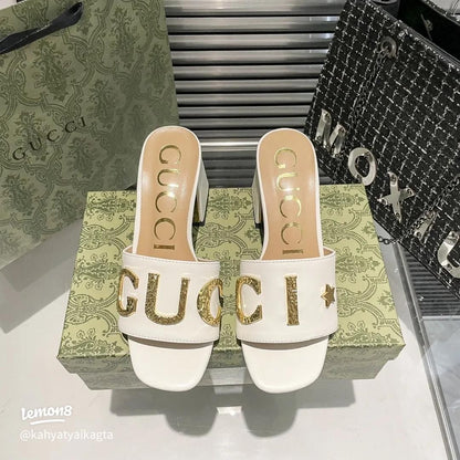GUCCI Heeled Sandals with Gold-Tone Logo – Premium Quality (White Golden)