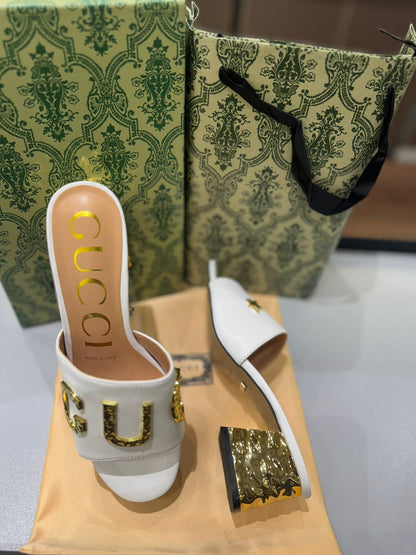 GUCCI Heeled Sandals with Gold-Tone Logo – Premium Quality (White Golden)