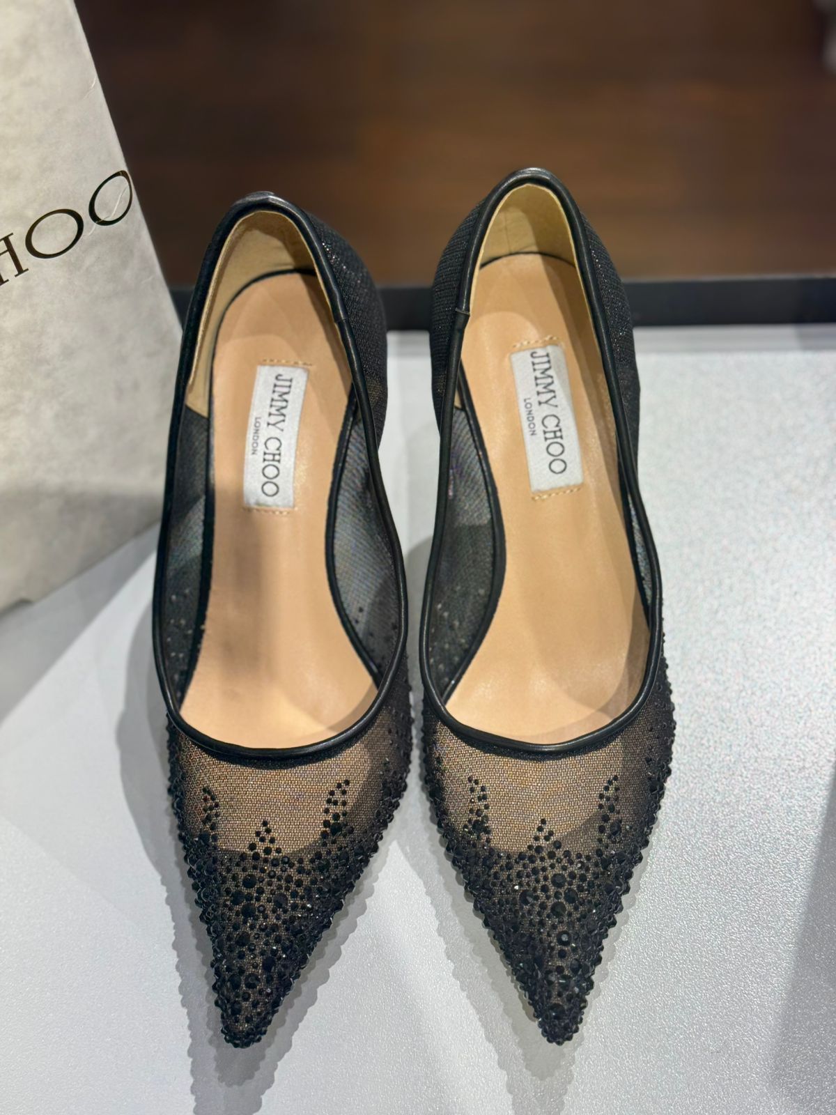 JIMMY CHOO Aurelie 85 Pearl-Embellished Heel Pumps – Premium Women Heel Pumps (Black Design B)