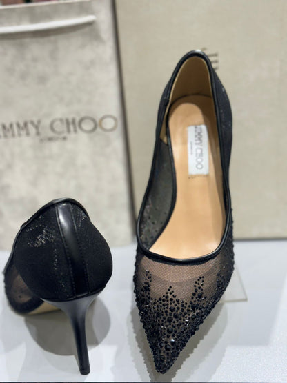 JIMMY CHOO Aurelie 85 Pearl-Embellished Heel Pumps – Premium Women Heel Pumps (Black Design B)