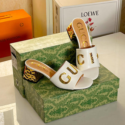 GUCCI Heeled Sandals with Gold-Tone Logo – Premium Quality (White Golden)