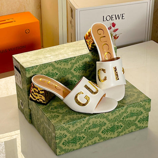 GUCCI Heeled Sandals with Gold-Tone Logo – Premium Quality (White Golden)