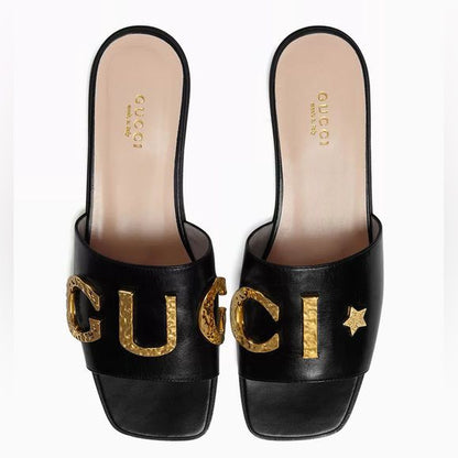 GUCCI Heeled Sandals with Gold-Tone Logo – Premium Quality (Black Golden)