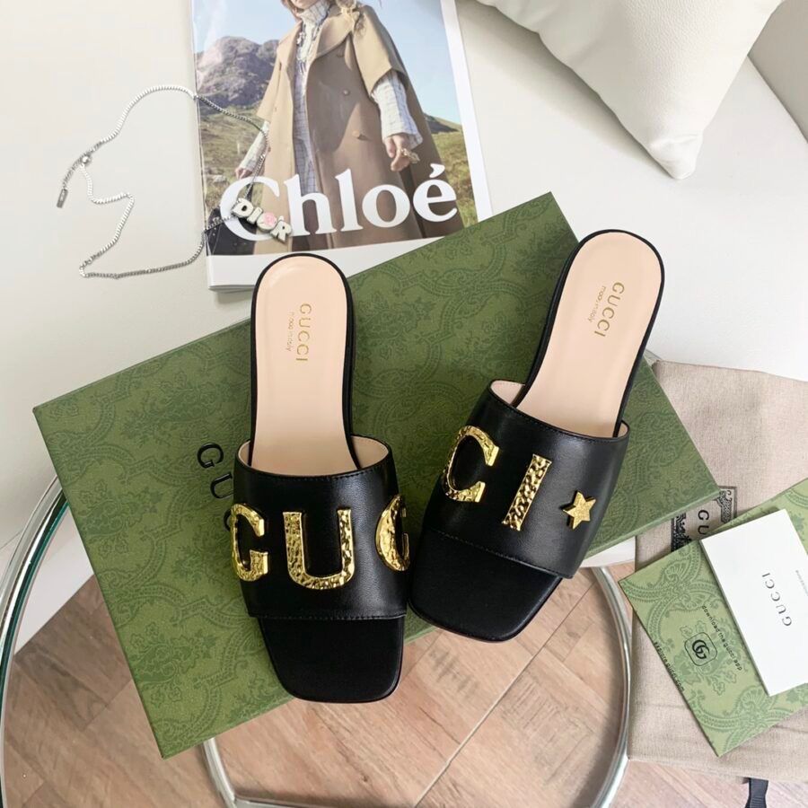 GUCCI Heeled Sandals with Gold-Tone Logo – Premium Quality (Black Golden)