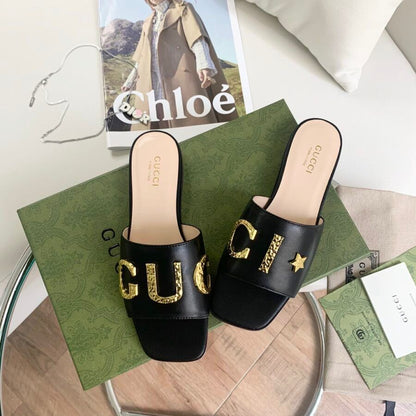 GUCCI Heeled Sandals with Gold-Tone Logo – Premium Quality (Black Golden)