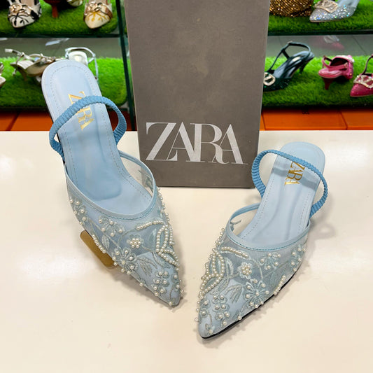 ZARA Mesh Floral Embroidered Slingback Women’s High Heels (Sky Blue)