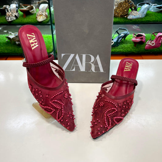 ZARA Mesh Floral Embroidered Slingback Women’s High Heels (Maroon)