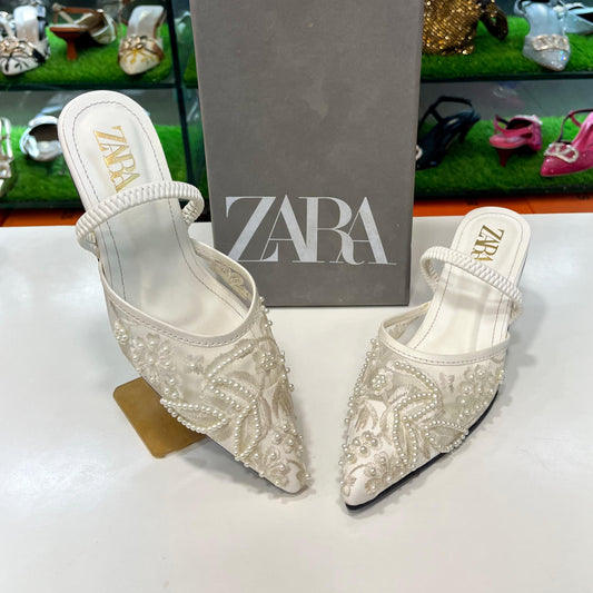 ZARA Mesh Floral Embroidered Slingback Women’s High Heels (White)