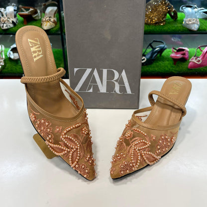 ZARA Mesh Floral Embroidered Slingback Women’s High Heels (Brown)
