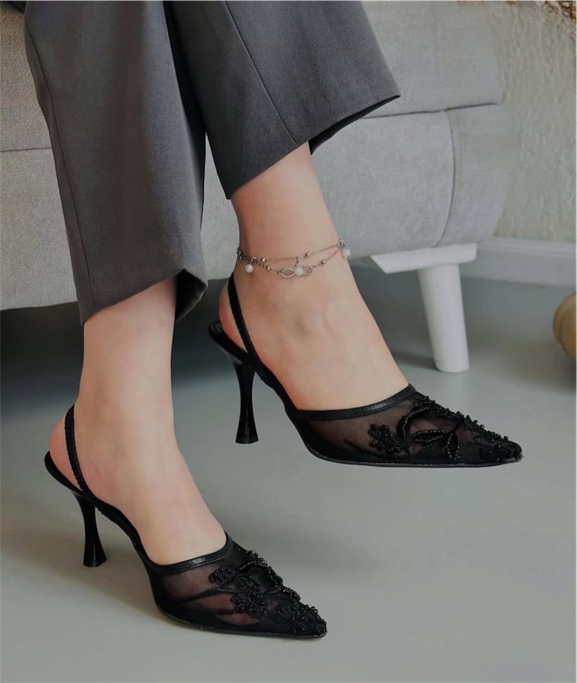 ZARA Mesh Floral Embroidered Slingback Women’s High Heels (Black)