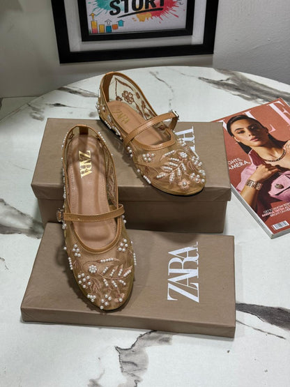 ZARA Flat Embroidery Pumps – New Arrival | Women Shoes (Beige Brown)