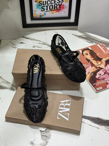 ZARA Flat Embroidery Pumps – New Arrival | Women Shoes (Black)