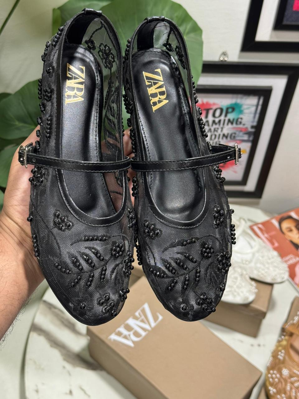 ZARA Flat Embroidery Pumps – New Arrival | Women Shoes (Black)