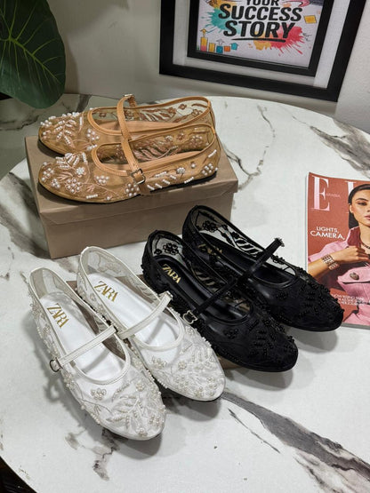 ZARA Flat Embroidery Pumps – New Arrival | Women Shoes (White)