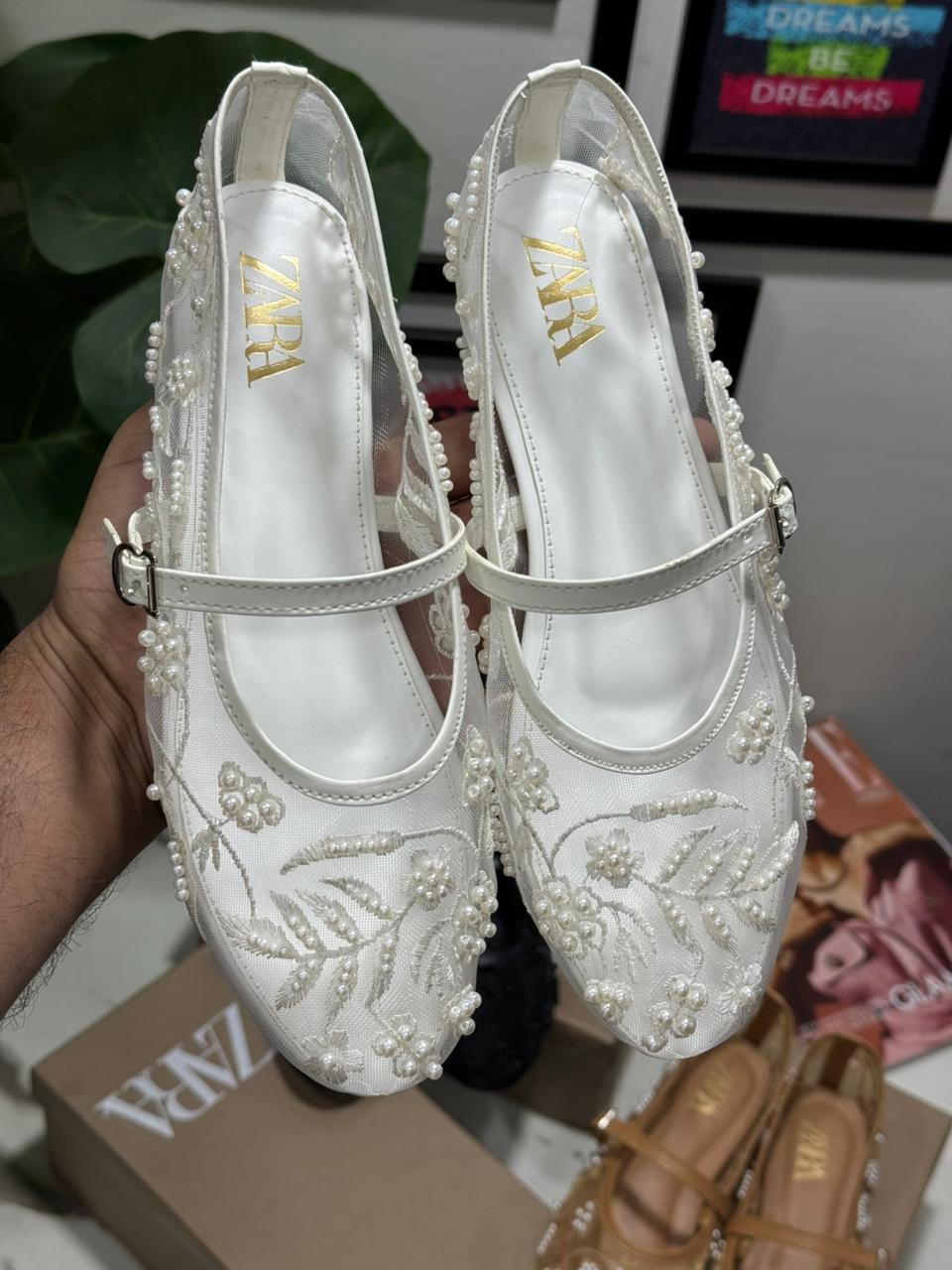 ZARA Flat Embroidery Pumps – New Arrival | Women Shoes (White)