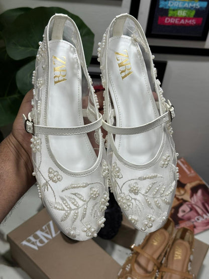 ZARA Flat Embroidery Pumps – New Arrival | Women Shoes (White)