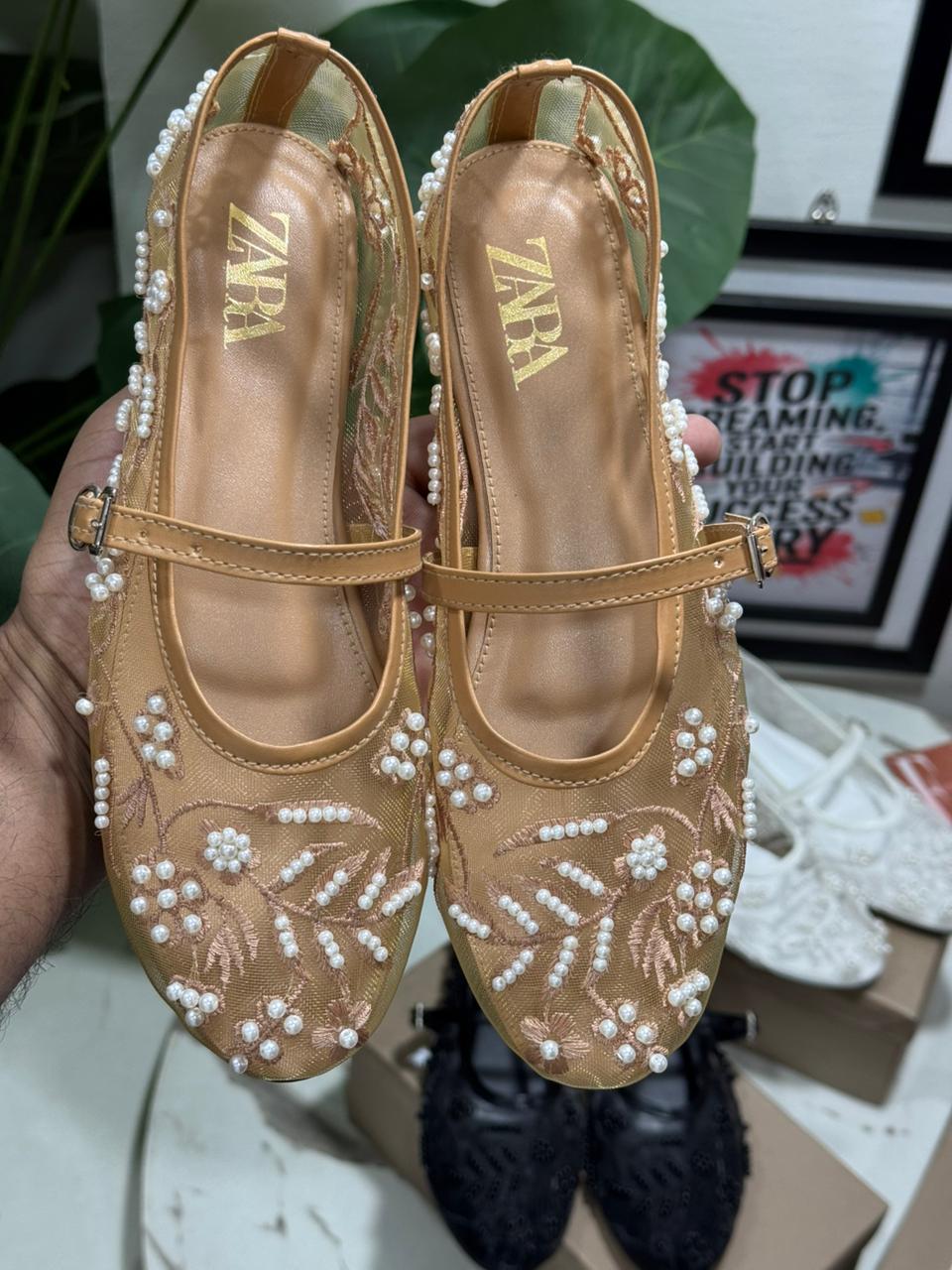 ZARA Flat Embroidery Pumps – New Arrival | Women Shoes (Beige Brown)