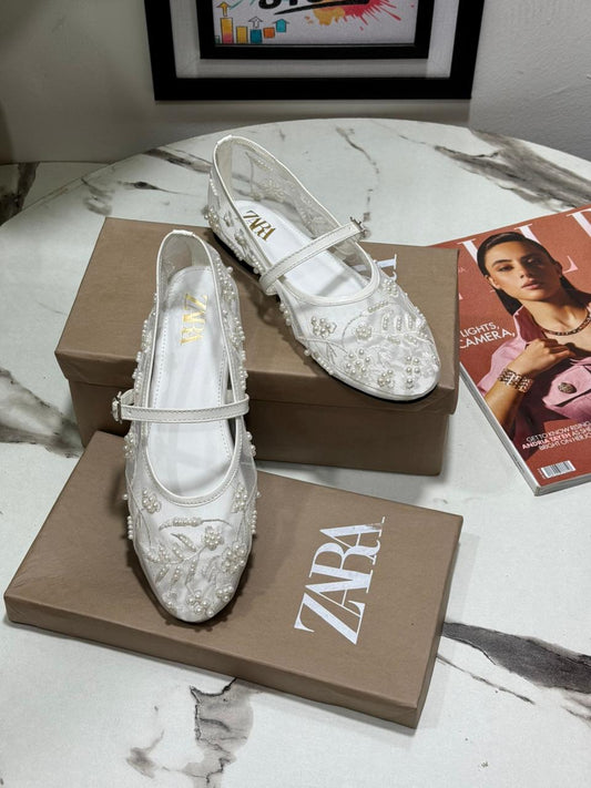 ZARA Flat Embroidery Pumps – New Arrival | Women Shoes (White)