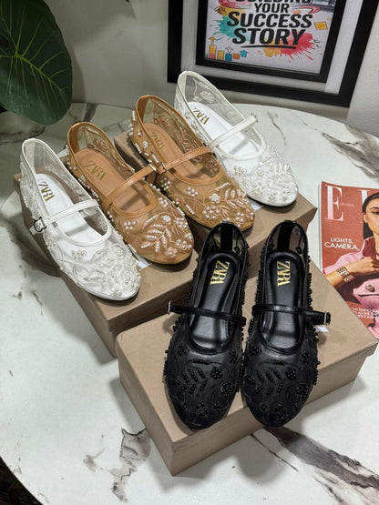 ZARA Flat Embroidery Pumps – New Arrival | Women Shoes (Black)