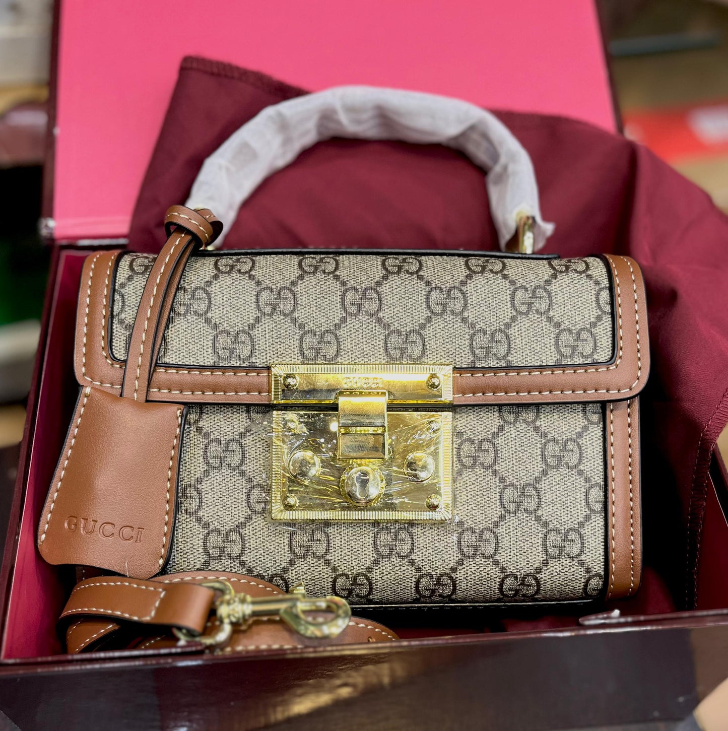 GUCCI Padlock Small Top Handle Women Bag – GG Monogram (Beige Brown)