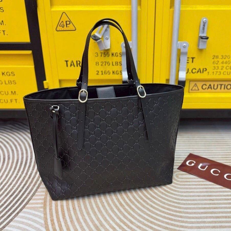 GUCCI GG EMBLEM DEBOSSED LEATHER TOTE – Women Bag (Black)