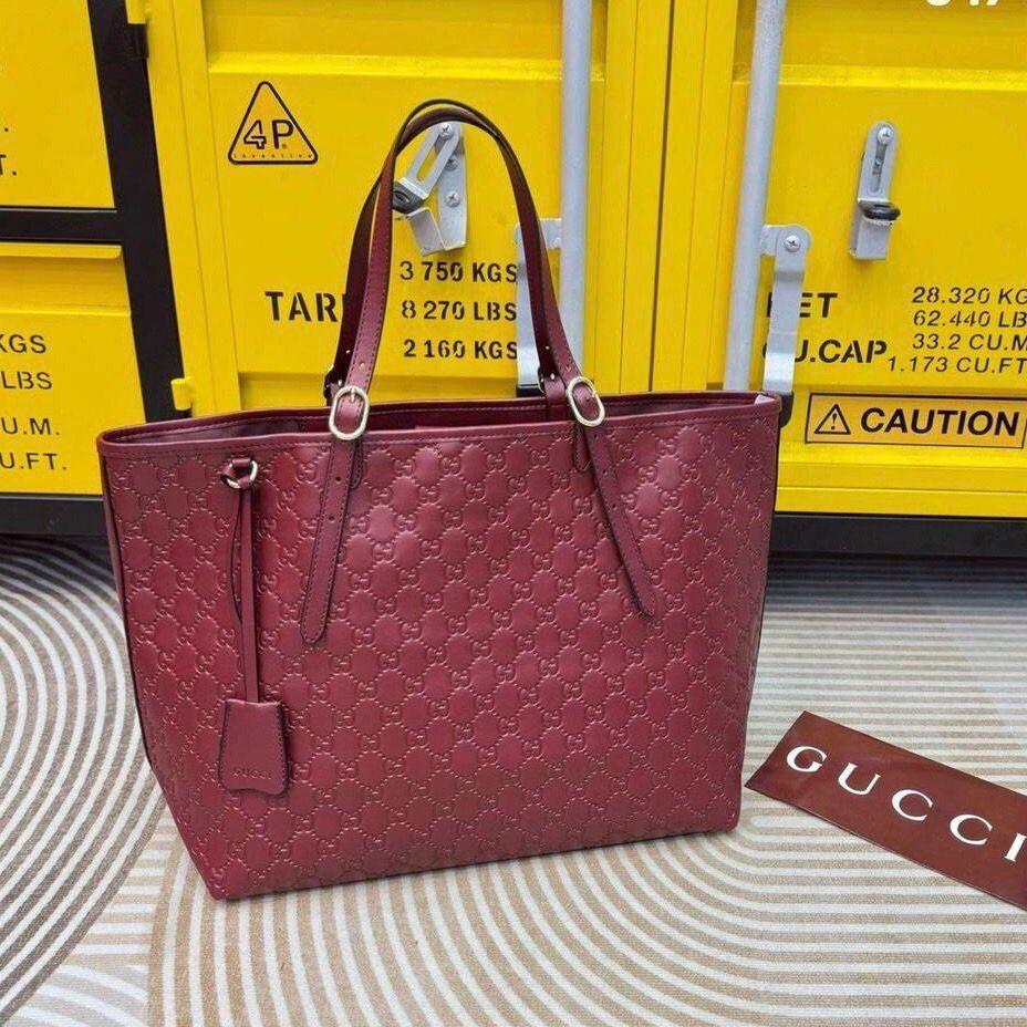 GUCCI GG EMBLEM DEBOSSED LEATHER TOTE – Women Bag (Maroon)